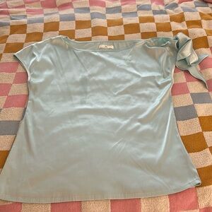Light green satin-like tie off the shoulder blouse